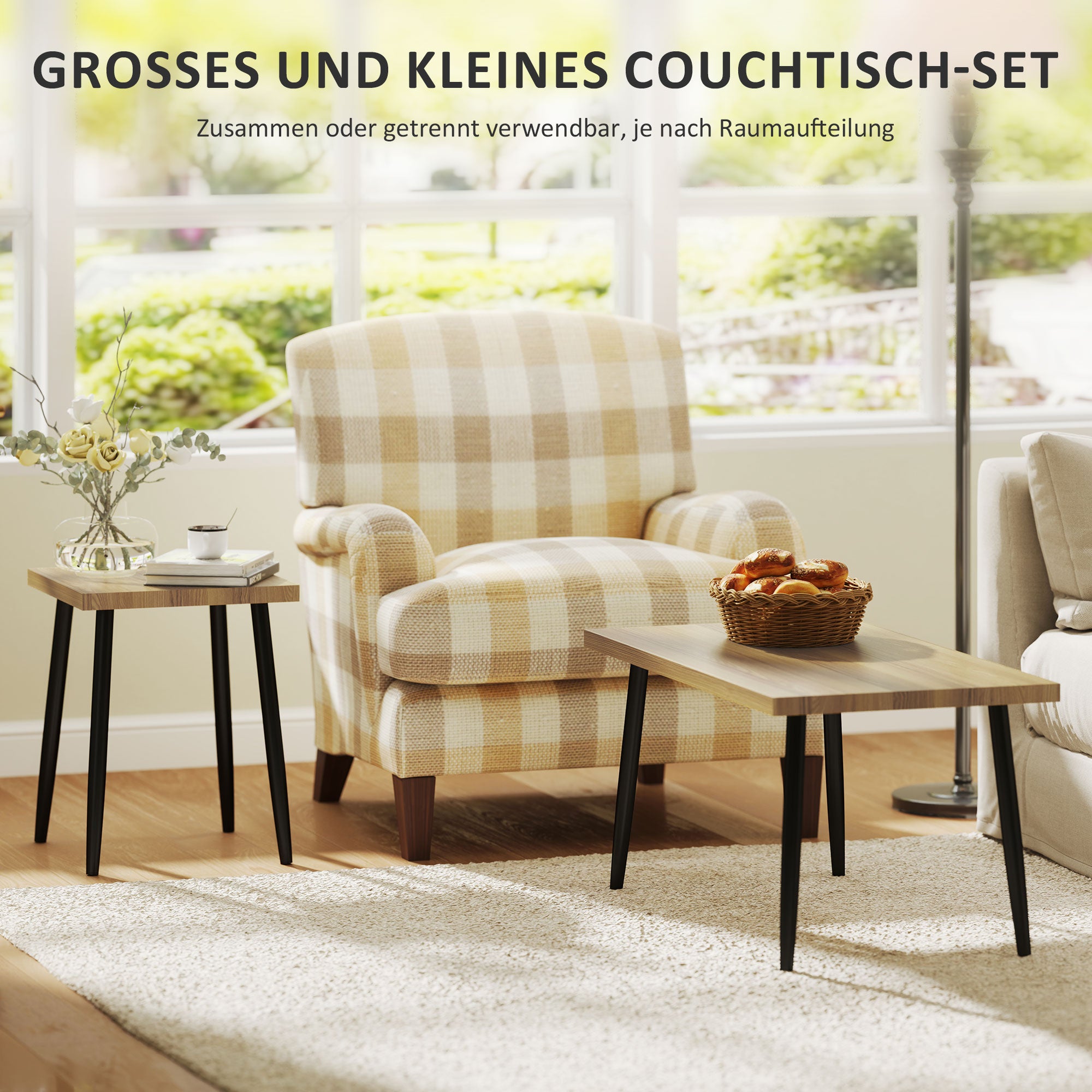 Coffee Table 2-Piece Set Side Table with Steel Frame, Living Room Coffee Table for Natural Wood Living Room