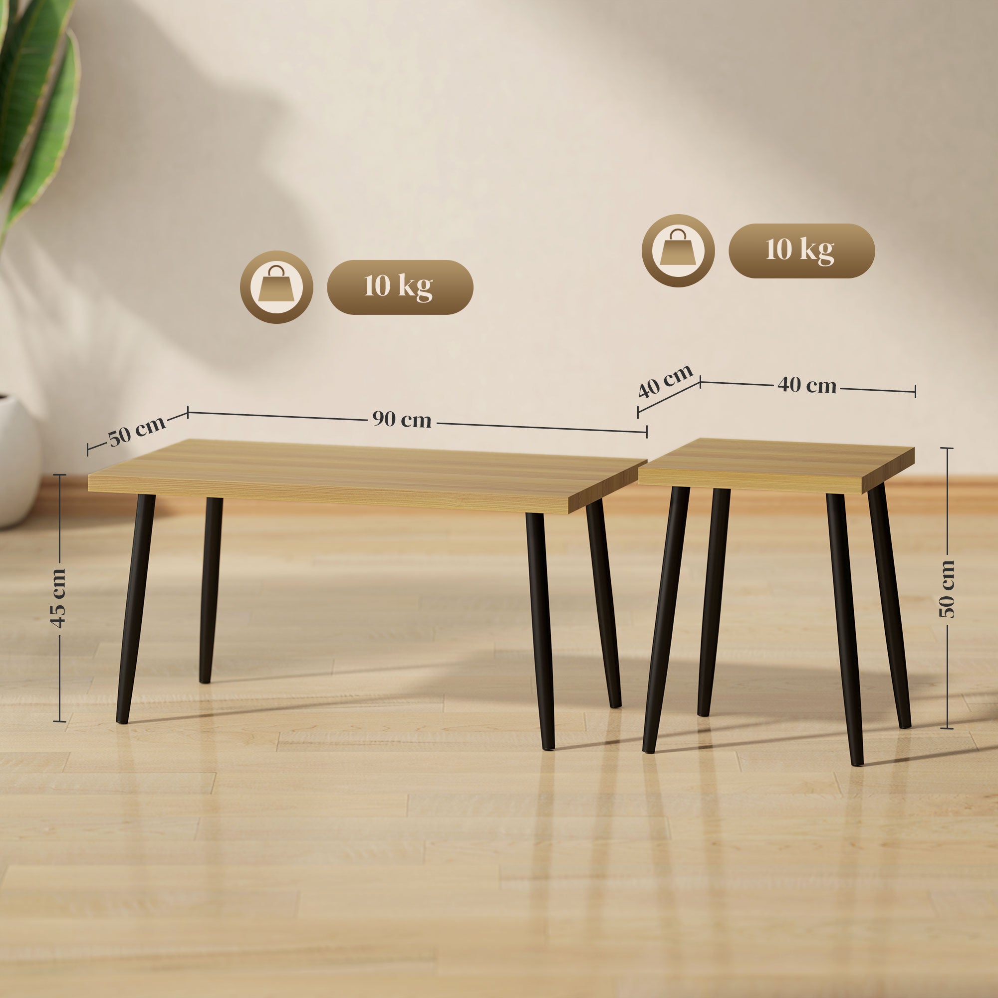 Coffee Table 2-Piece Set Side Table with Steel Frame, Living Room Coffee Table for Natural Wood Living Room