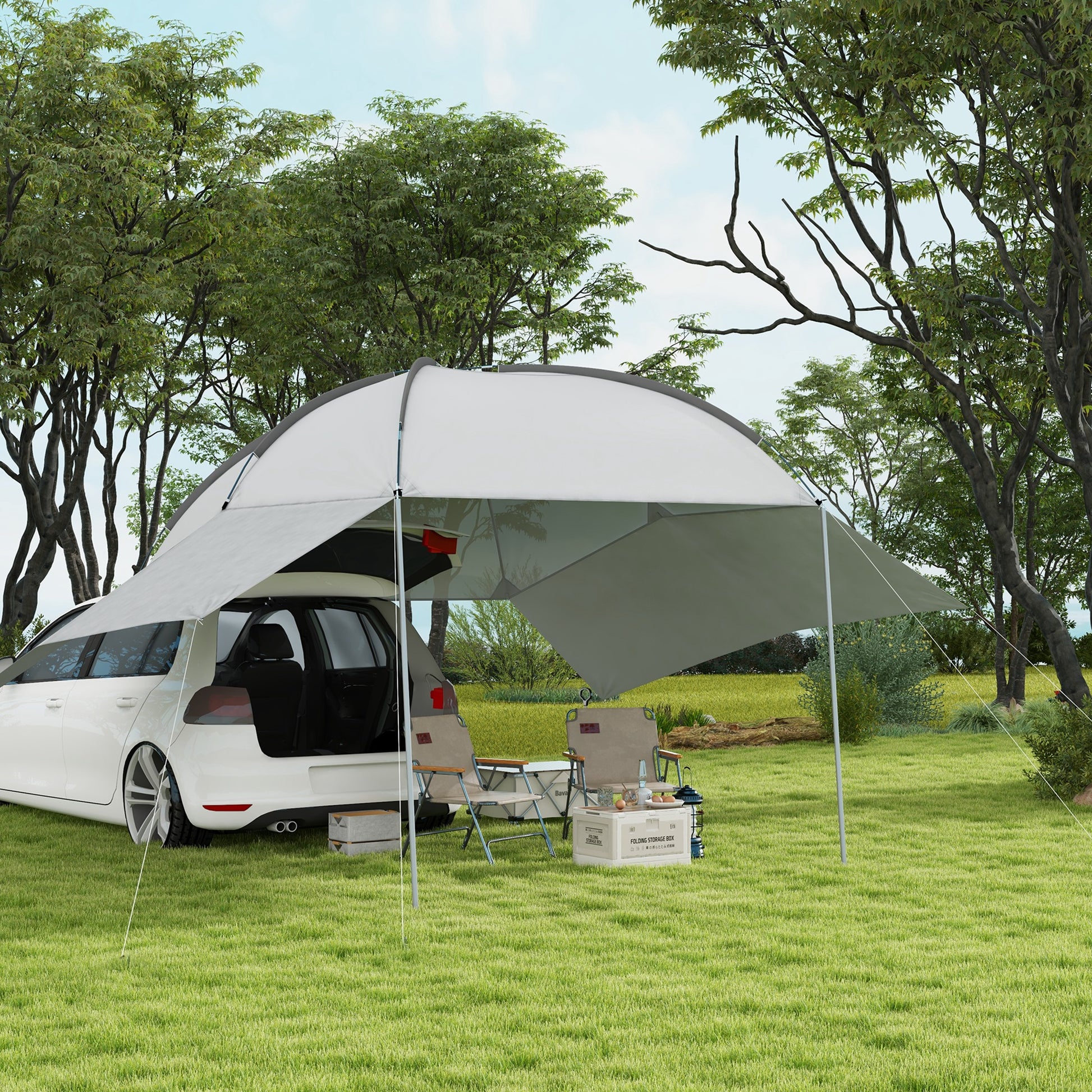 Rear Tent Car Awning Waterproof Car Awnings Tent incl. Steel Frame, Rain Shelter, Sun Shade, Lightweight Portable for Truck, RV, Van, Outdoor Camping Travel, 3 x 2.6 x 2.3-2.6 m