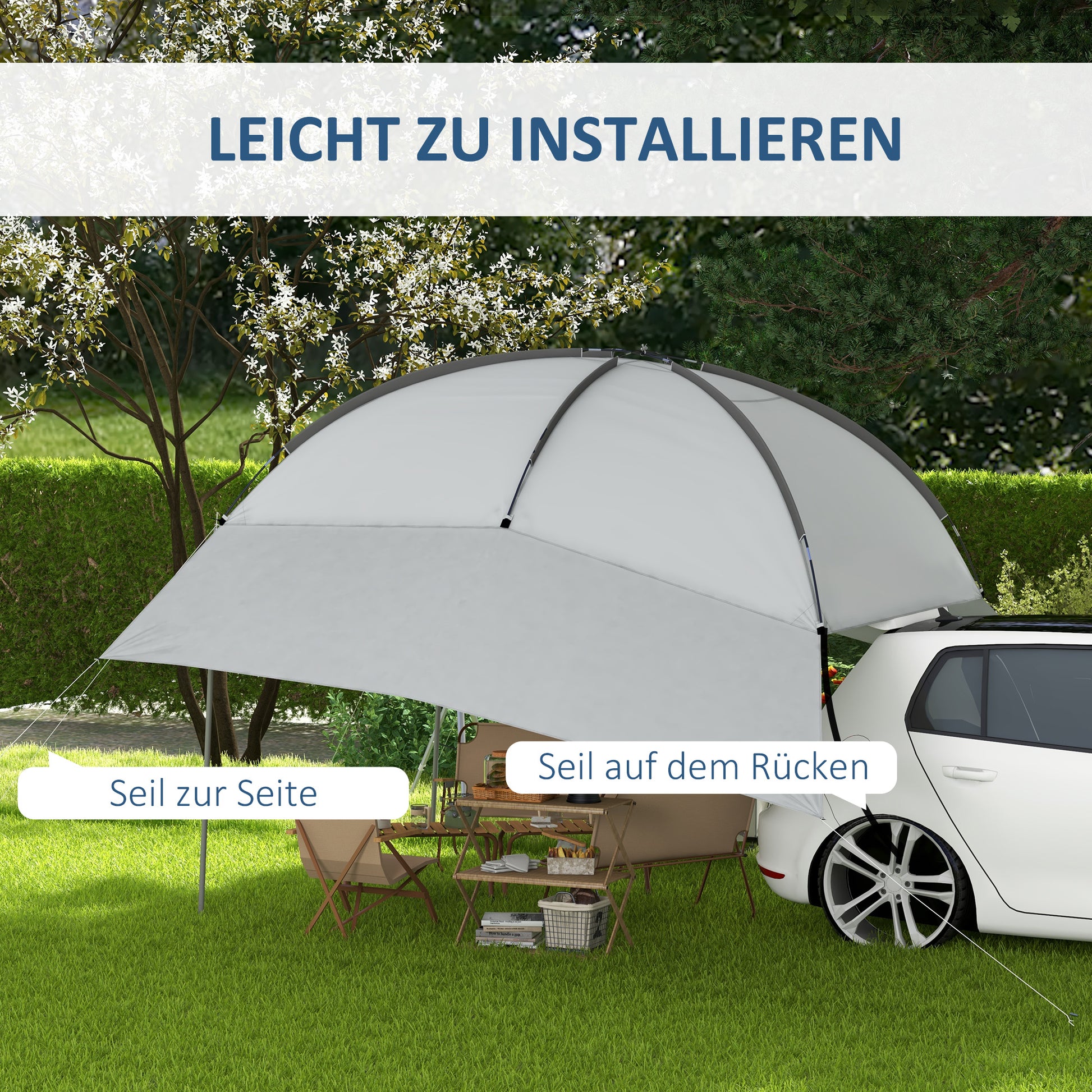 Rear Tent Car Awning Waterproof Car Awnings Tent incl. Steel Frame, Rain Shelter, Sun Shade, Lightweight Portable for Truck, RV, Van, Outdoor Camping Travel, 3 x 2.6 x 2.3-2.6 m