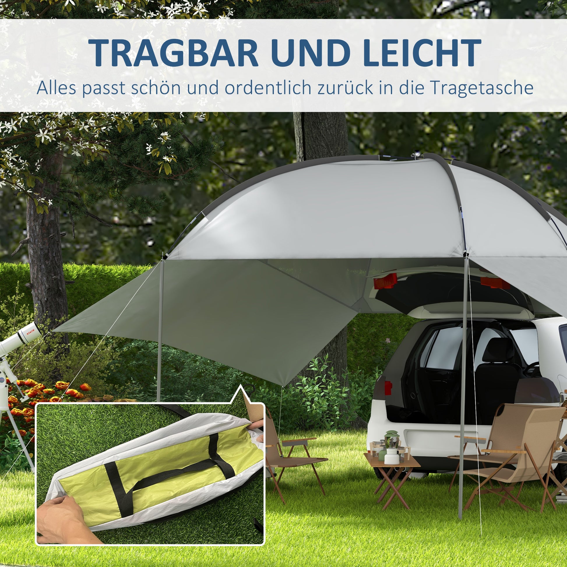 Rear Tent Car Awning Waterproof Car Awnings Tent incl. Steel Frame, Rain Shelter, Sun Shade, Lightweight Portable for Truck, RV, Van, Outdoor Camping Travel, 3 x 2.6 x 2.3-2.6 m