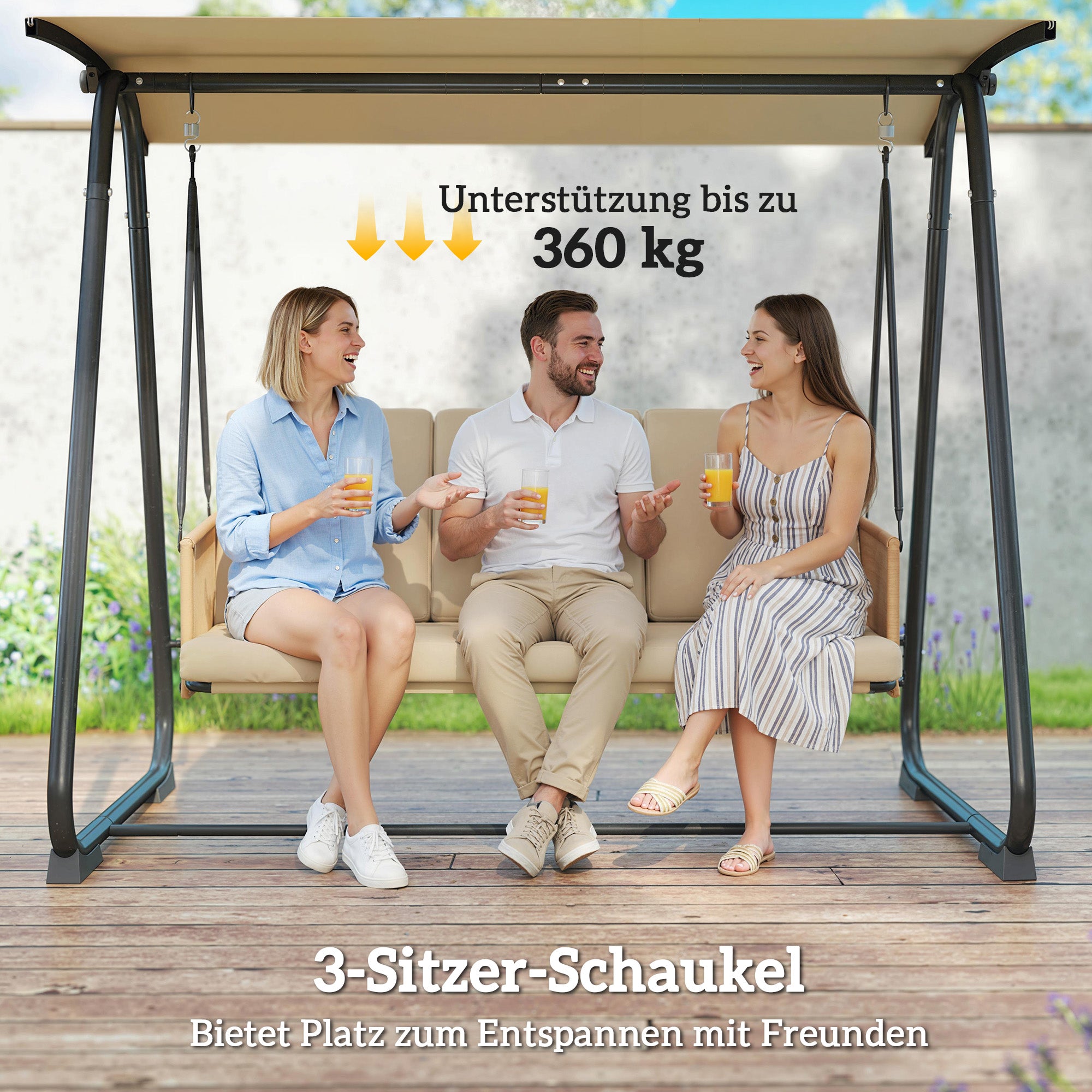 3-Seater Hollywood-Style Garden Swing with Adjustable Canopy, Removable Breathable Seat Cushion, Rattan Arms — UV30+ Protection, 794 lb Capacity, Sand