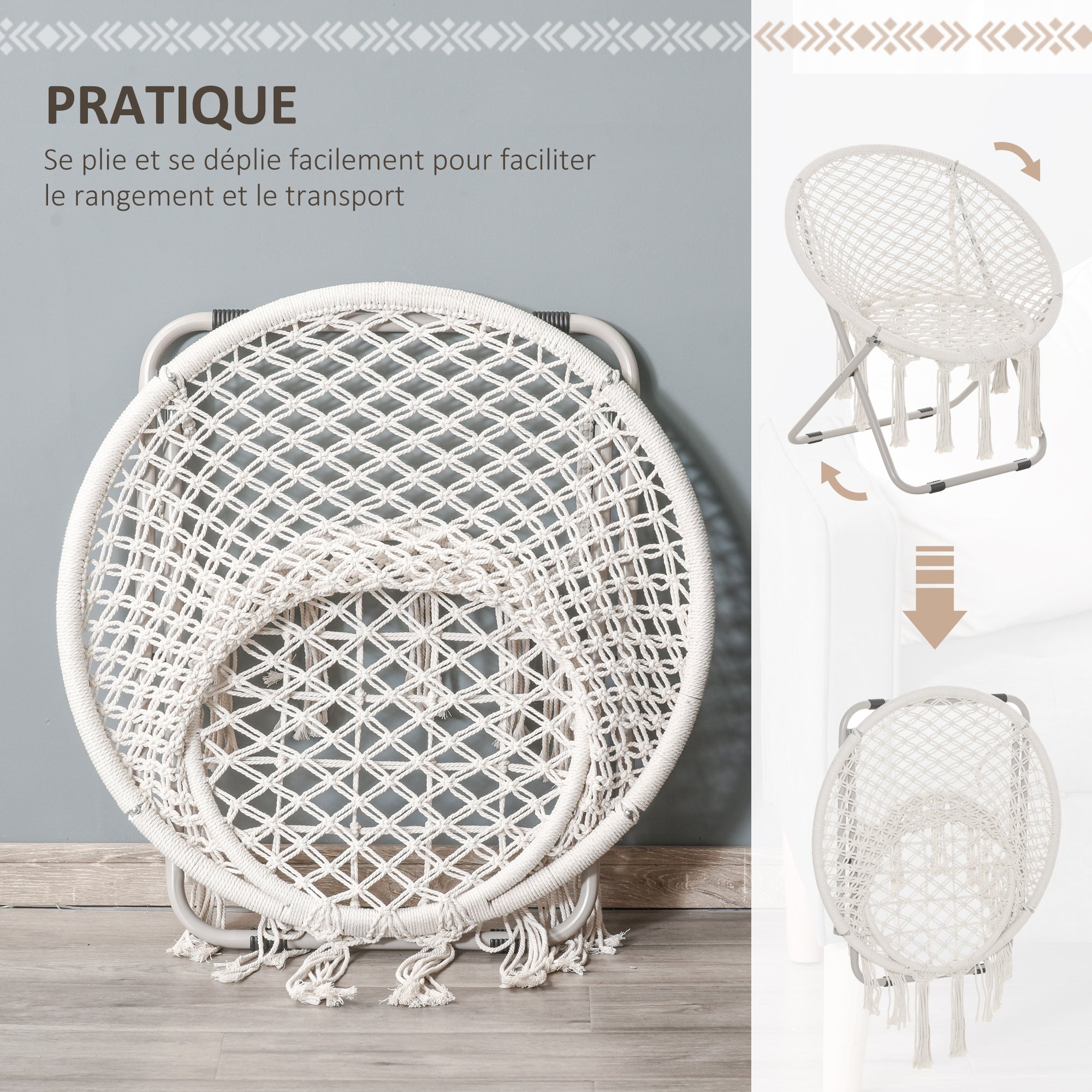 Hanging chair round garden moon chair papasan foldable great comfort macrame cotton polyester beige