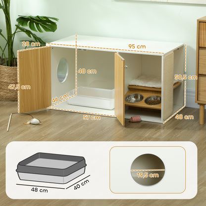 Cat Litter Box Furniture 3-in-1 Nest Side Table Cat Litter Box with Doors Cushion Bowls Scratching Mat and Compartment for Living Room Bedroom 95x48x50.5 cm White and Oak