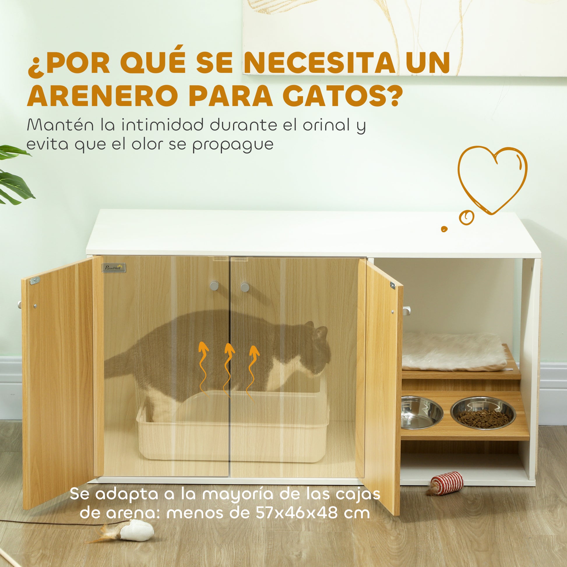 Cat Litter Box Furniture 3-in-1 Nest Side Table Cat Litter Box with Doors Cushion Bowls Scratching Mat and Compartment for Living Room Bedroom 95x48x50.5 cm White and Oak