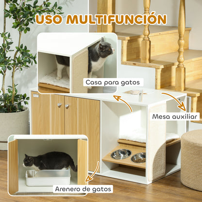 Cat Litter Box Furniture 3-in-1 Nest Side Table Cat Litter Box with Doors Cushion Bowls Scratching Mat and Compartment for Living Room Bedroom 95x48x50.5 cm White and Oak