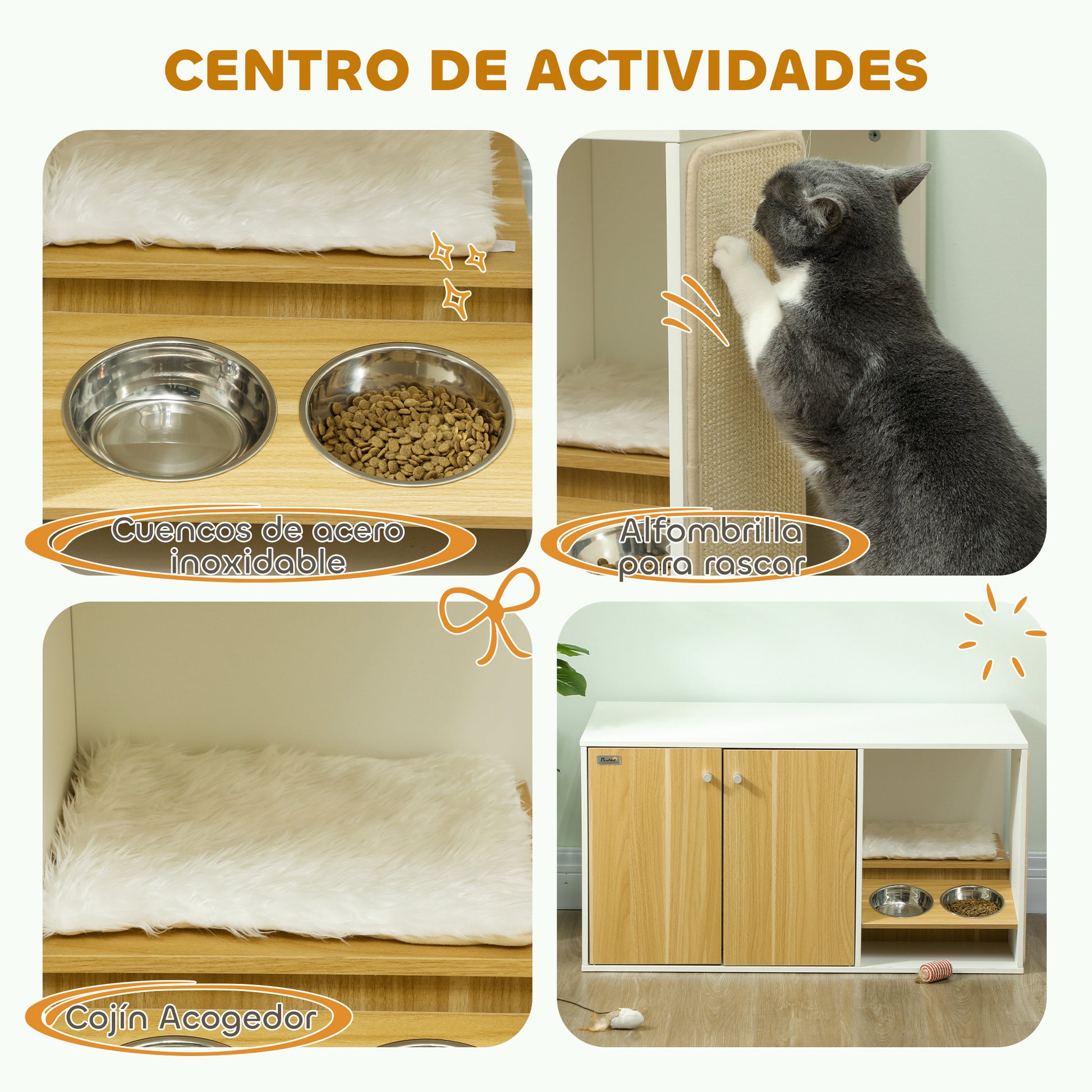 Cat Litter Box Furniture 3-in-1 Nest Side Table Cat Litter Box with Doors Cushion Bowls Scratching Mat and Compartment for Living Room Bedroom 95x48x50.5 cm White and Oak