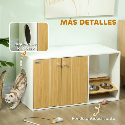 Cat Litter Box Furniture 3-in-1 Nest Side Table Cat Litter Box with Doors Cushion Bowls Scratching Mat and Compartment for Living Room Bedroom 95x48x50.5 cm White and Oak