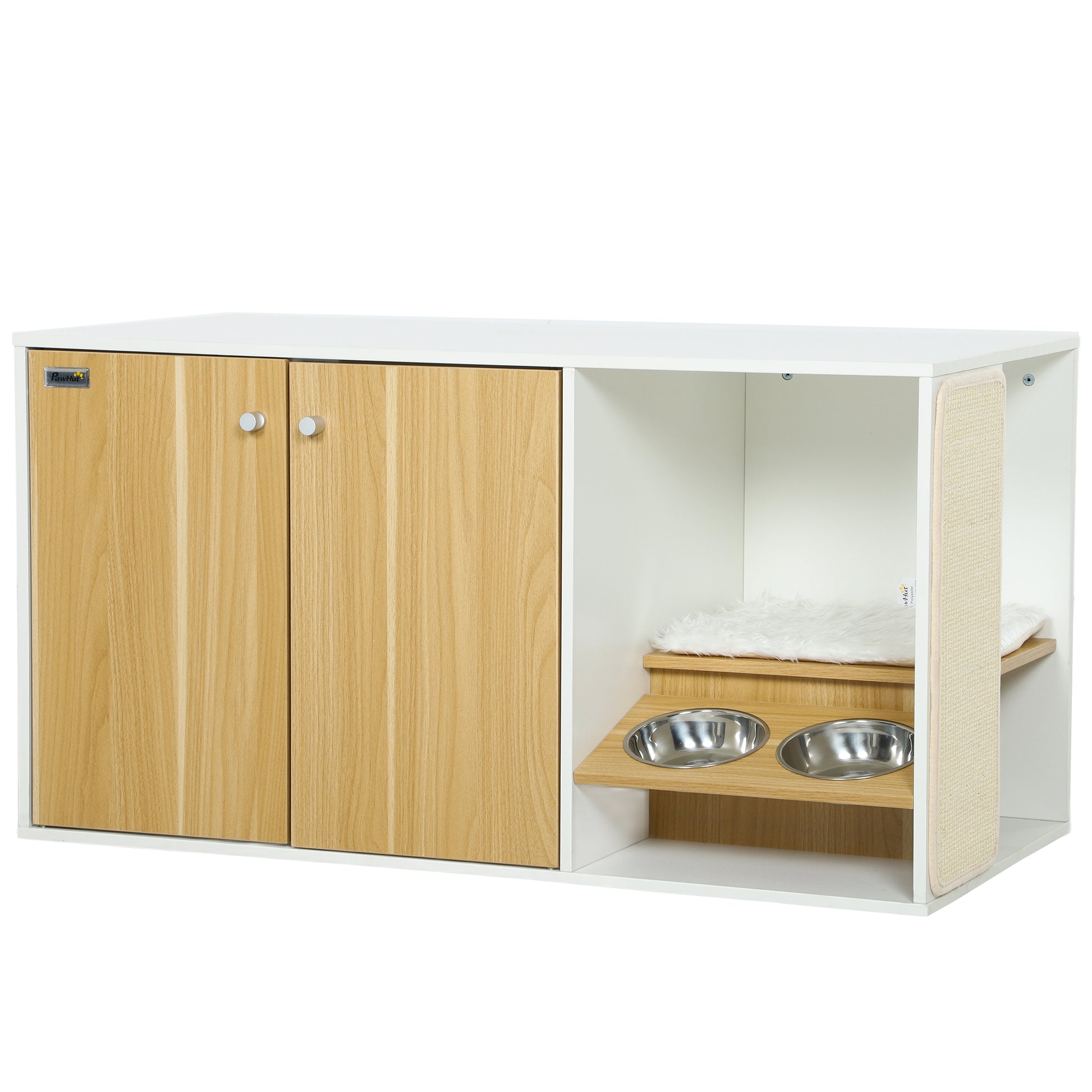 Cat Litter Box Furniture 3-in-1 Nest Side Table Cat Litter Box with Doors Cushion Bowls Scratching Mat and Compartment for Living Room Bedroom 95x48x50.5 cm White and Oak