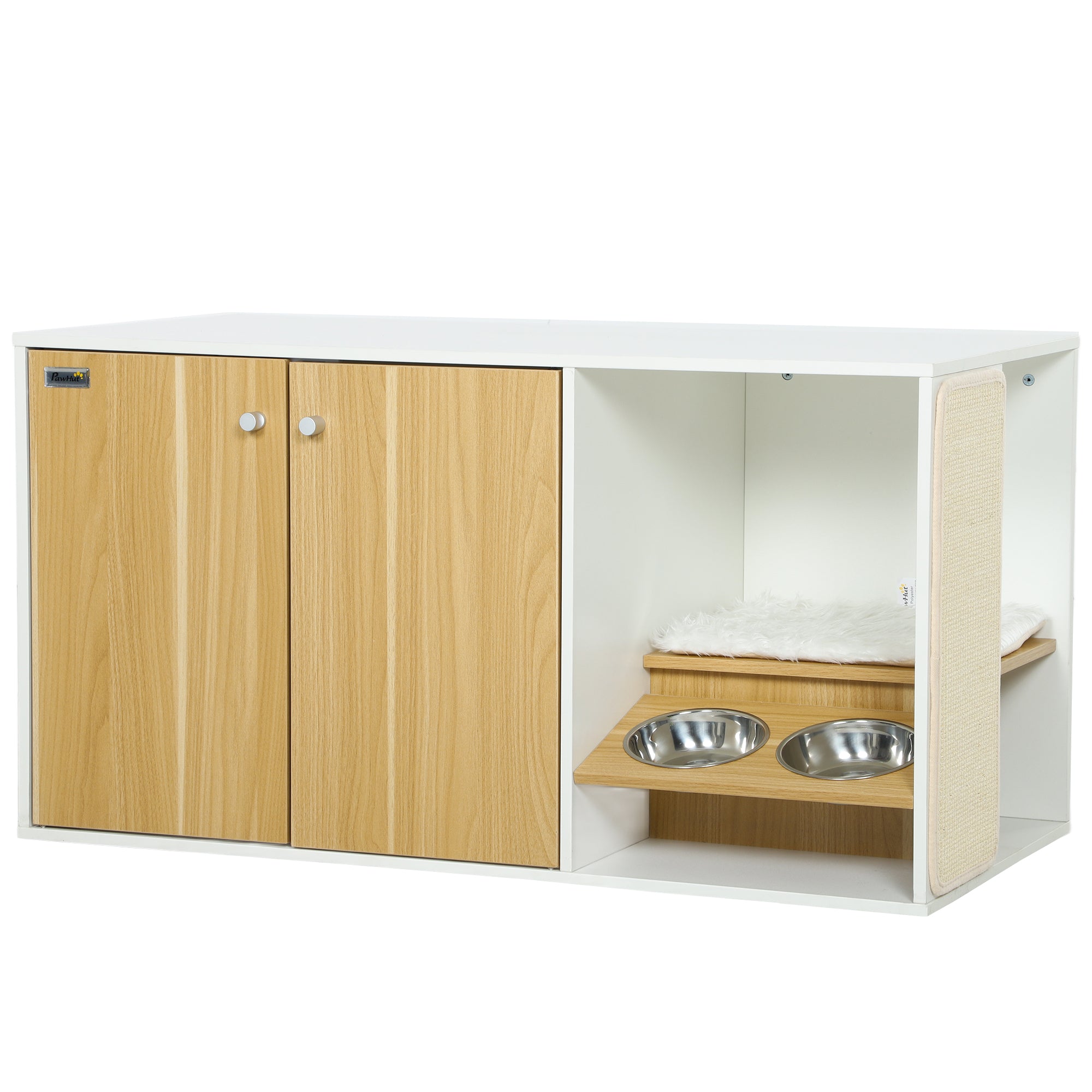 Cat Litter Box Furniture 3-in-1 Nest Side Table Cat Litter Box with Doors Cushion Bowls Scratching Mat and Compartment for Living Room Bedroom 95x48x50.5 cm White and Oak