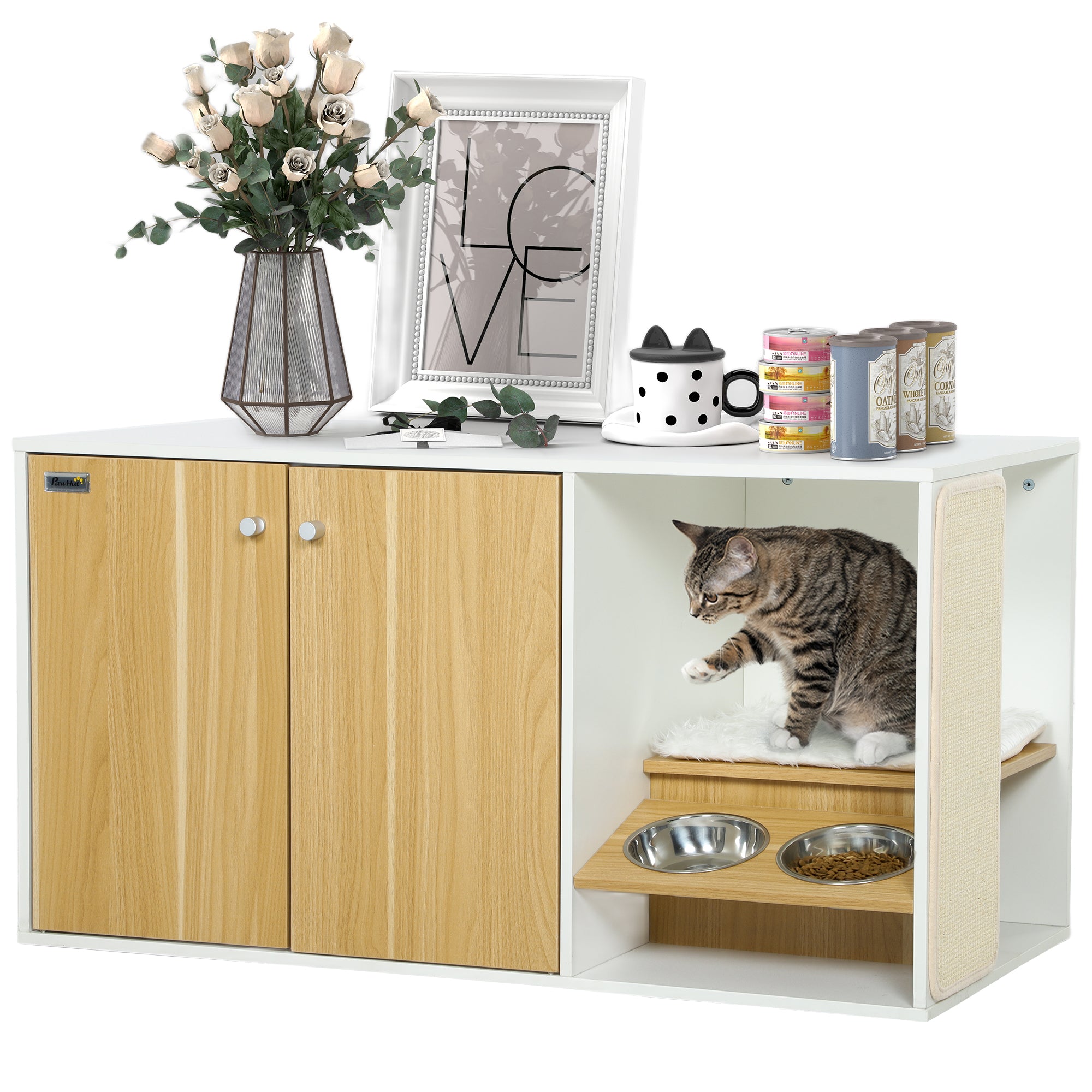 Cat Litter Box Furniture 3-in-1 Nest Side Table Cat Litter Box with Doors Cushion Bowls Scratching Mat and Compartment for Living Room Bedroom 95x48x50.5 cm White and Oak