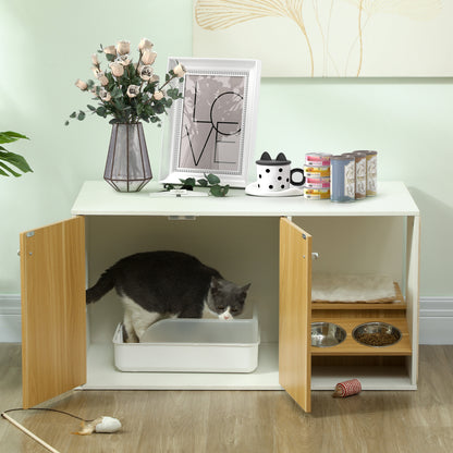 Cat Litter Box Furniture 3-in-1 Nest Side Table Cat Litter Box with Doors Cushion Bowls Scratching Mat and Compartment for Living Room Bedroom 95x48x50.5 cm White and Oak