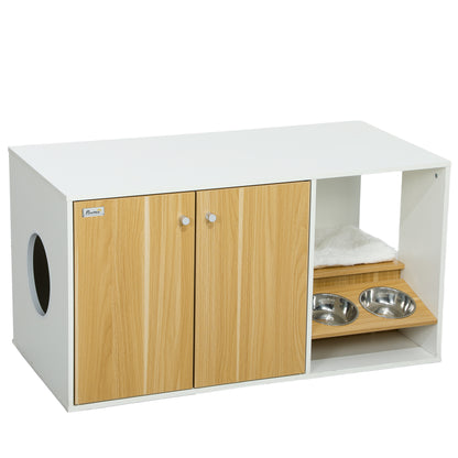 Cat Litter Box Furniture 3-in-1 Nest Side Table Cat Litter Box with Doors Cushion Bowls Scratching Mat and Compartment for Living Room Bedroom 95x48x50.5 cm White and Oak