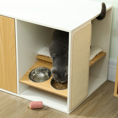 Cat Litter Box Furniture 3-in-1 Nest Side Table Cat Litter Box with Doors Cushion Bowls Scratching Mat and Compartment for Living Room Bedroom 95x48x50.5 cm White and Oak