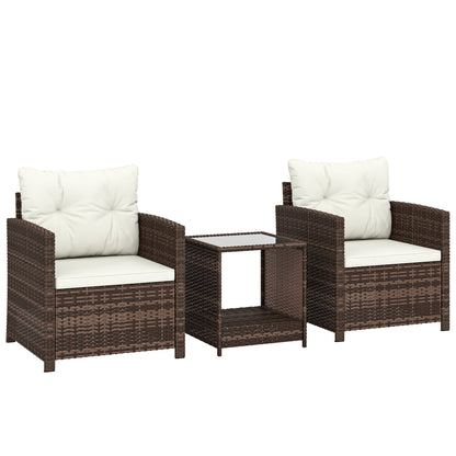 3-Piece PE Rattan Garden Set — 2 Armchairs with Cushions & Glass-Top Coffee Table, Brown & Cream — Balcony/Patio