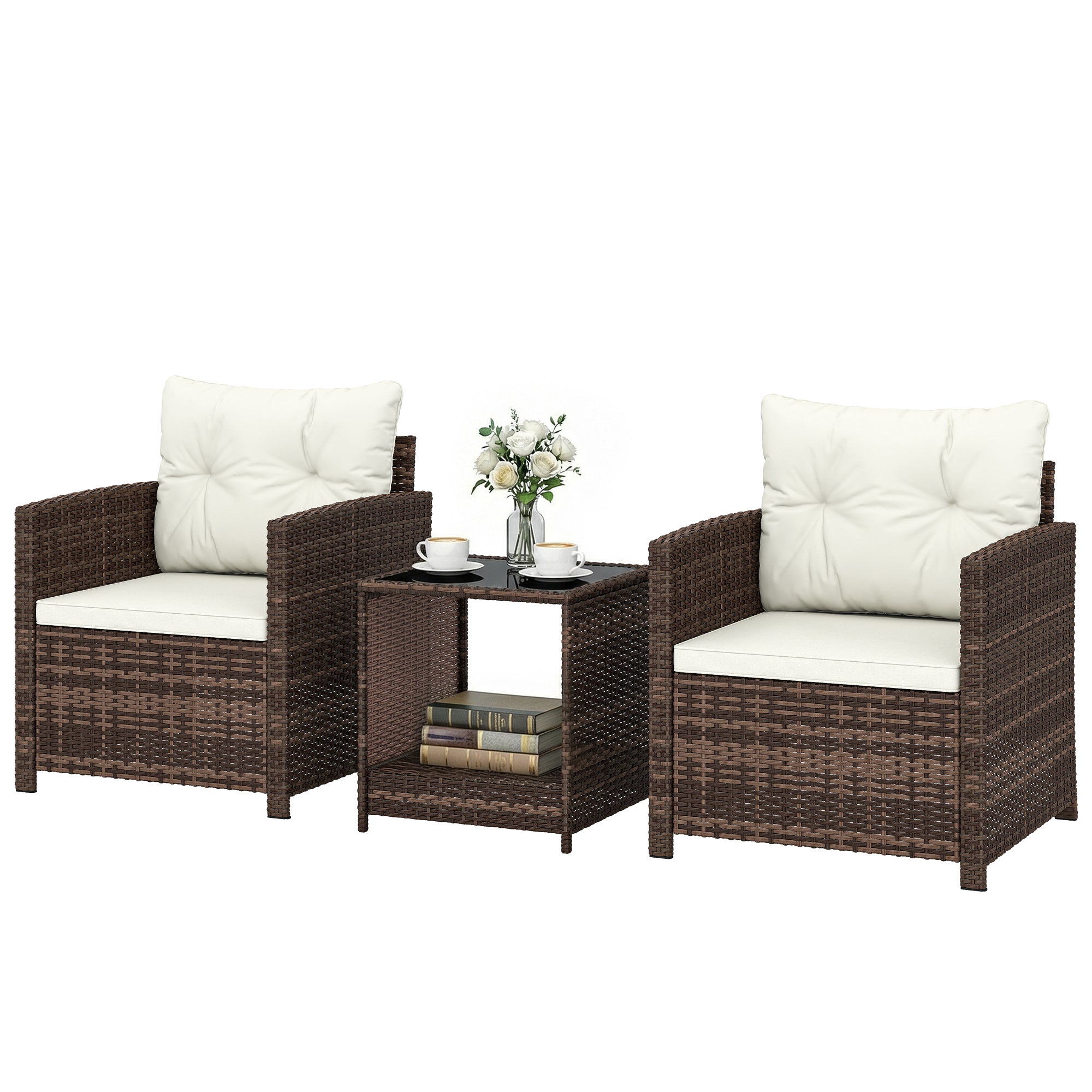3-Piece PE Rattan Garden Set — 2 Armchairs with Cushions & Glass-Top Coffee Table, Brown & Cream — Balcony/Patio