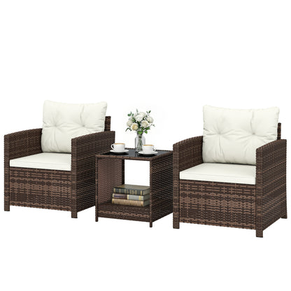 3-Piece PE Rattan Garden Set — 2 Armchairs with Cushions & Glass-Top Coffee Table, Brown & Cream — Balcony/Patio