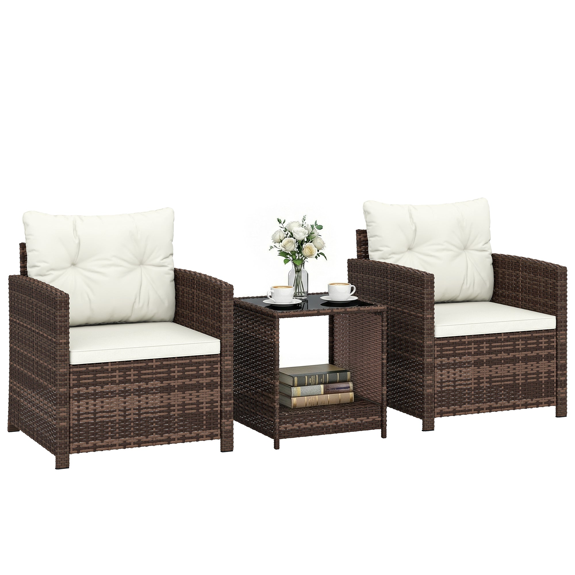 3-Piece PE Rattan Garden Set — 2 Armchairs with Cushions & Glass-Top Coffee Table, Brown & Cream — Balcony/Patio
