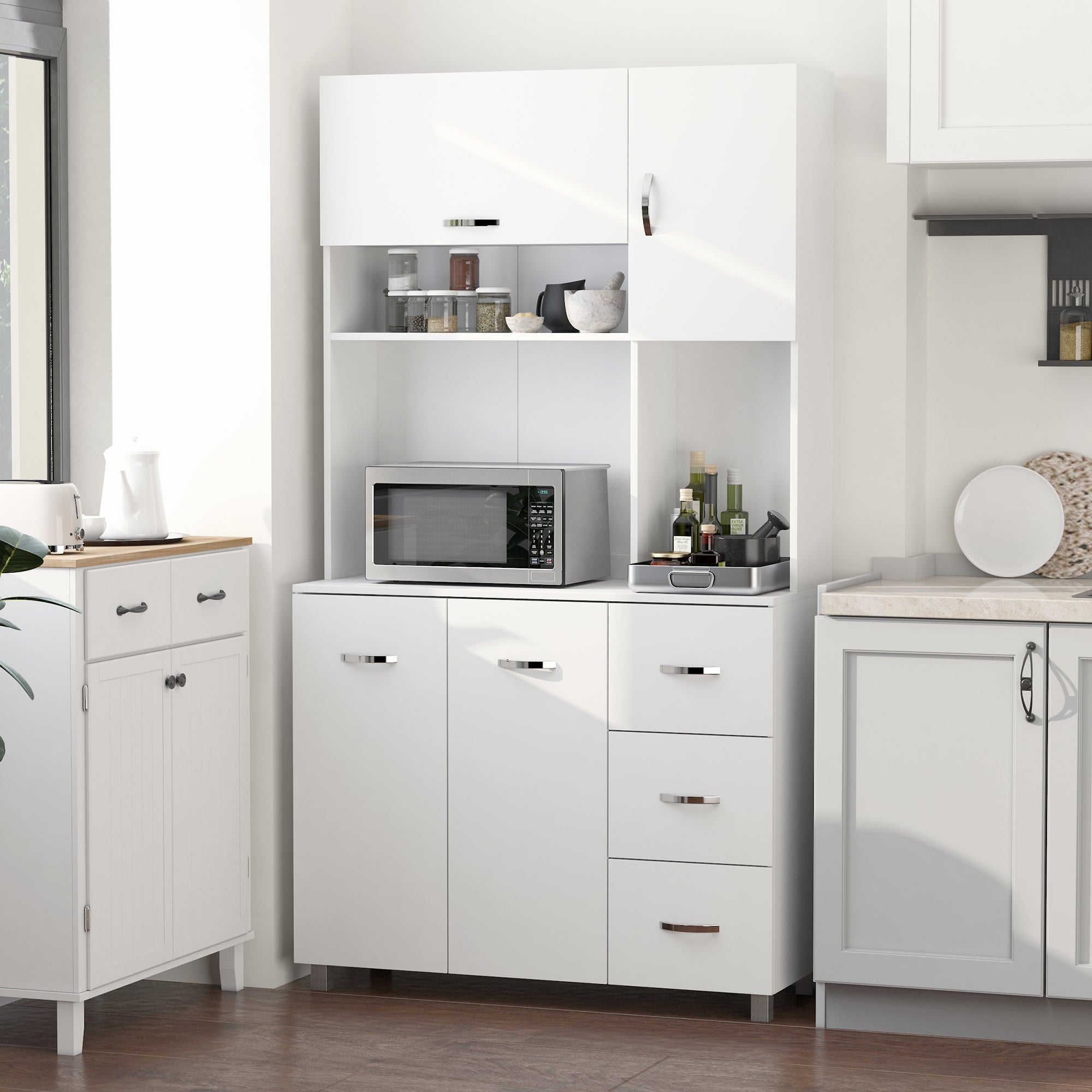 Kitchen Pantry Kitchen Cabinet Modern with 3 Drawers 4 Doors and Adjustable Shelves Auxiliary Furniture for Dining Room Living Room 100x39.5x183.5 cm White
