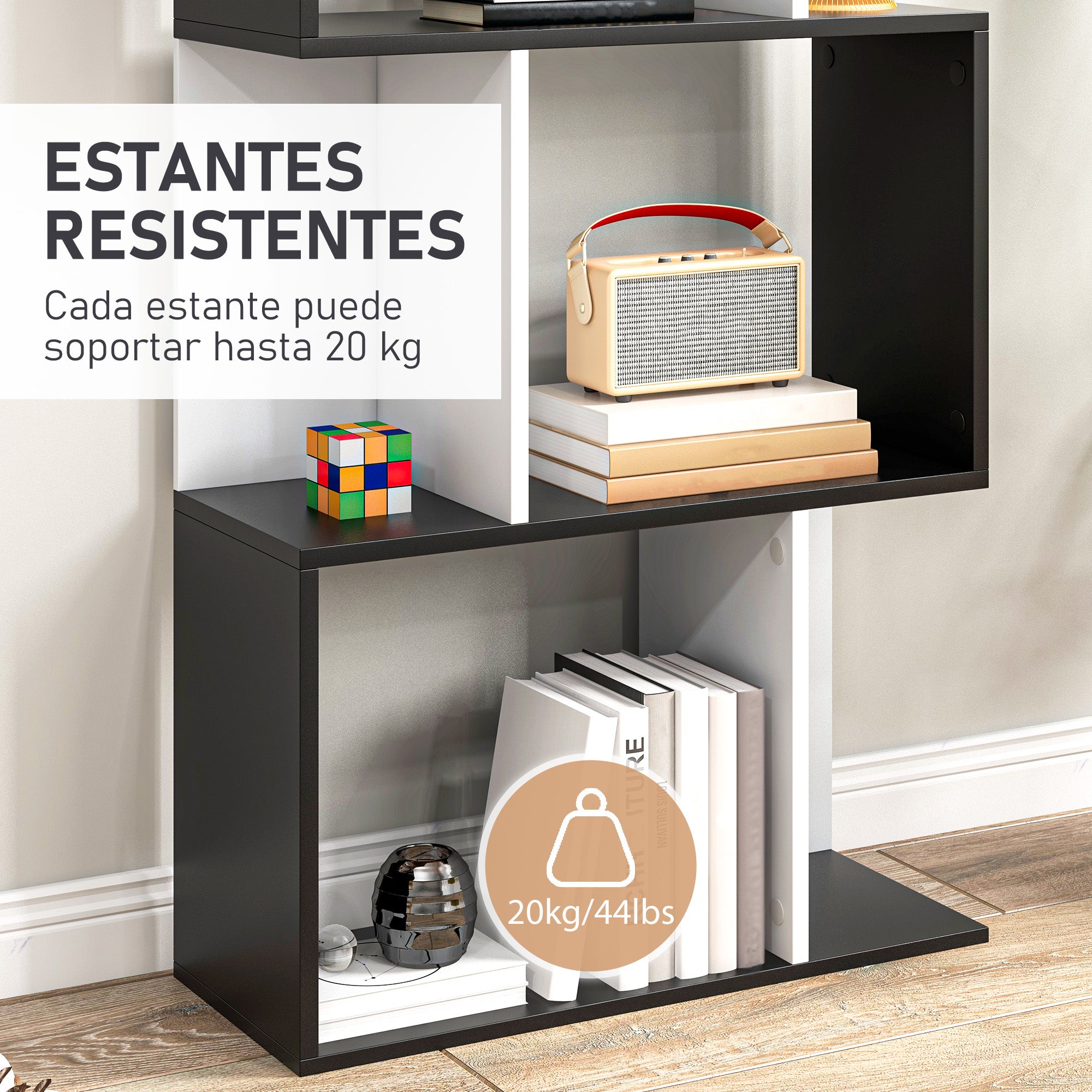 5-Tier Bookshelf S-Shaped Wood Bookcase Modern Design for Living Room Office 60x24x184.5 cm Black and White