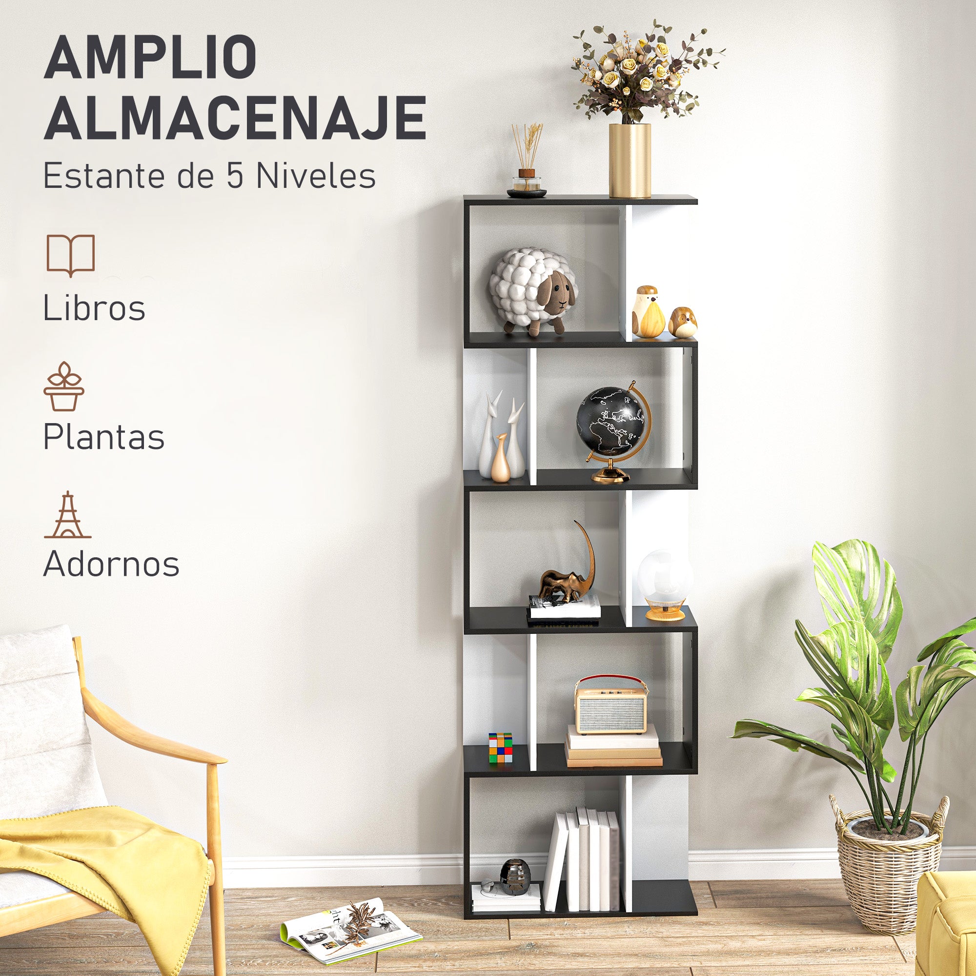 5-Tier Bookshelf S-Shaped Wood Bookcase Modern Design for Living Room Office 60x24x184.5 cm Black and White