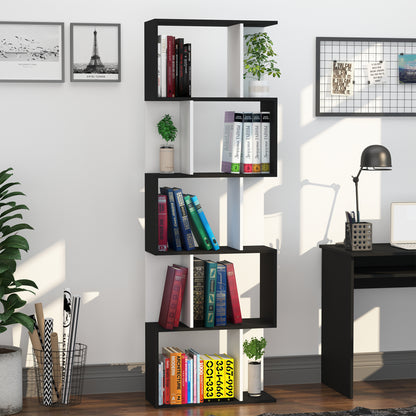 5-Tier Bookshelf S-Shaped Wood Bookcase Modern Design for Living Room Office 60x24x184.5 cm Black and White