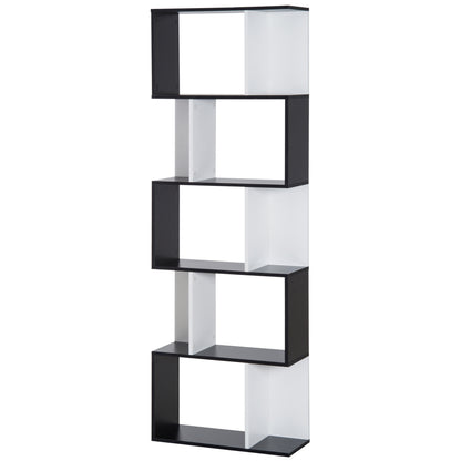 5-Tier Bookshelf S-Shaped Wood Bookcase Modern Design for Living Room Office 60x24x184.5 cm Black and White