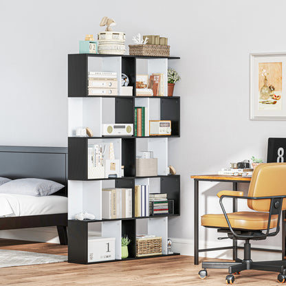 5-Tier Bookshelf S-Shaped Wood Bookcase Modern Design for Living Room Office 60x24x184.5 cm Black and White