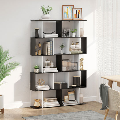 5-Tier Bookshelf S-Shaped Wood Bookcase Modern Design for Living Room Office 60x24x184.5 cm Black and White