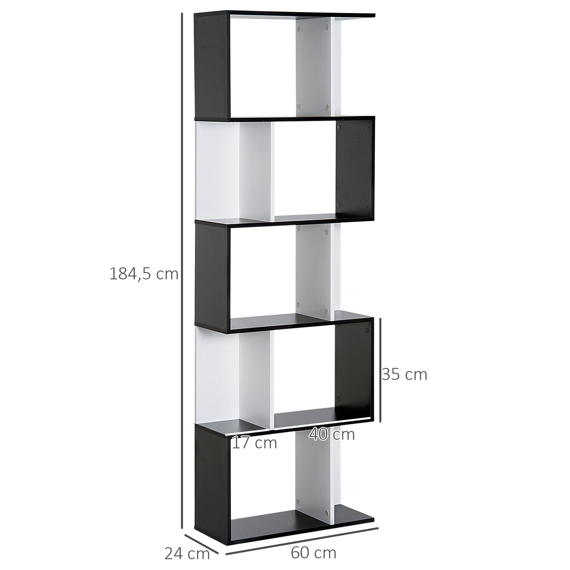 5-Tier Bookshelf S-Shaped Wood Bookcase Modern Design for Living Room Office 60x24x184.5 cm Black and White