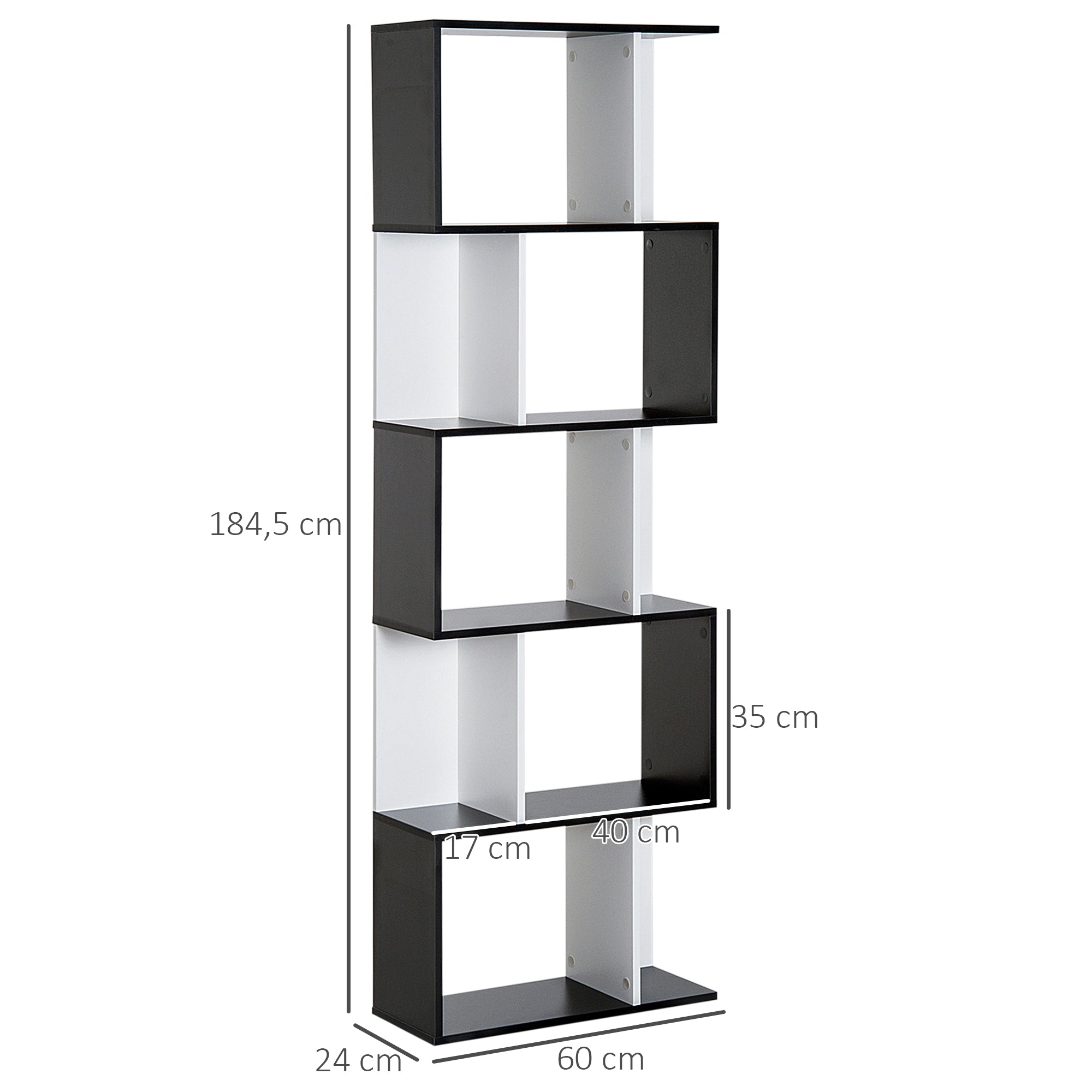 5-Tier Bookshelf S-Shaped Wood Bookcase Modern Design for Living Room Office 60x24x184.5 cm Black and White
