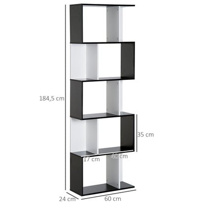 5-Tier Bookshelf S-Shaped Wood Bookcase Modern Design for Living Room Office 60x24x184.5 cm Black and White