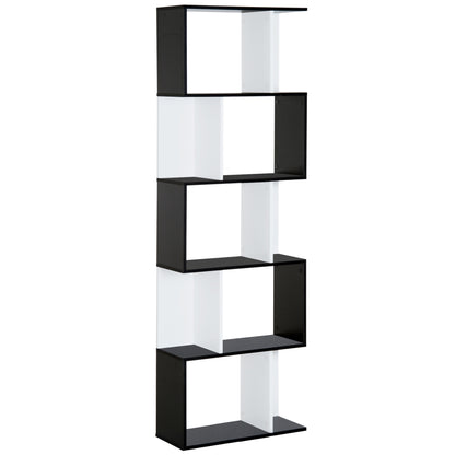 5-Tier Bookshelf S-Shaped Wood Bookcase Modern Design for Living Room Office 60x24x184.5 cm Black and White