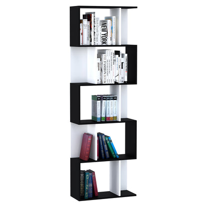 5-Tier Bookshelf S-Shaped Wood Bookcase Modern Design for Living Room Office 60x24x184.5 cm Black and White