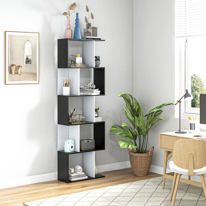 5-Tier Bookshelf S-Shaped Wood Bookcase Modern Design for Living Room Office 60x24x184.5 cm Black and White