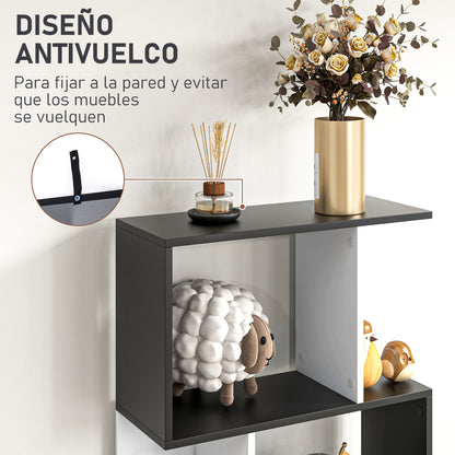 5-Tier Bookshelf S-Shaped Wood Bookcase Modern Design for Living Room Office 60x24x184.5 cm Black and White