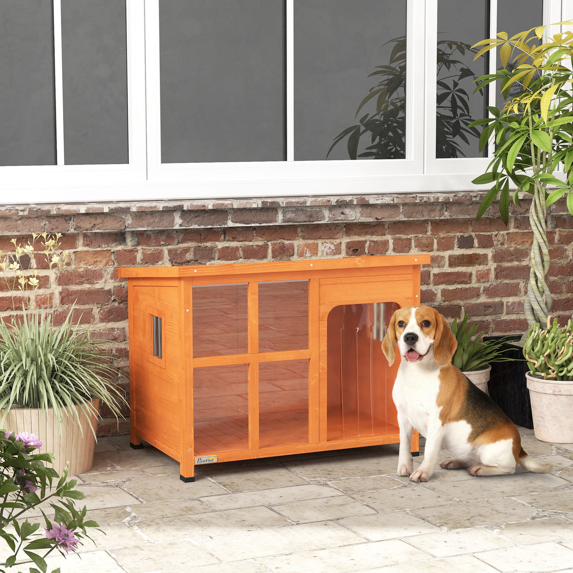 Dog House Outdoor Small and Medium Dog House with Flip Asphalt Roof Curtain Door Transparent Front Panel and Removable Base 90x62x71 cm Natural