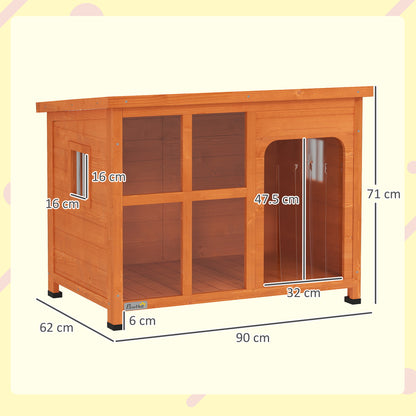 Dog House Outdoor Small and Medium Dog House with Flip Asphalt Roof Curtain Door Transparent Front Panel and Removable Base 90x62x71 cm Natural