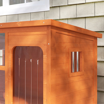 Dog House Outdoor Small and Medium Dog House with Flip Asphalt Roof Curtain Door Transparent Front Panel and Removable Base 90x62x71 cm Natural