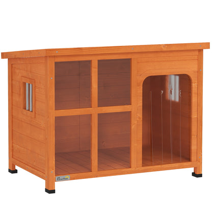 Dog House Outdoor Small and Medium Dog House with Flip Asphalt Roof Curtain Door Transparent Front Panel and Removable Base 90x62x71 cm Natural