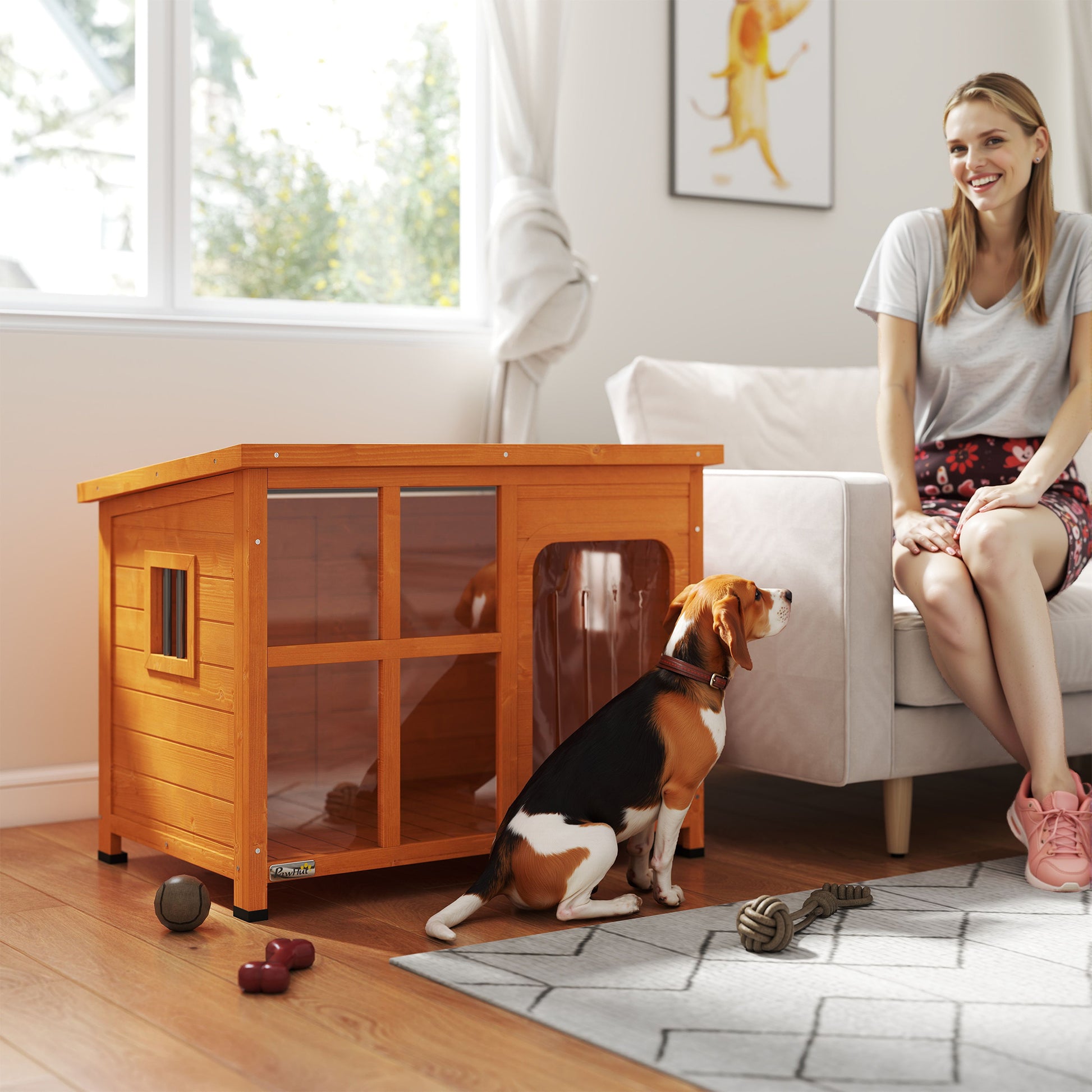 Dog House Outdoor Small and Medium Dog House with Flip Asphalt Roof Curtain Door Transparent Front Panel and Removable Base 90x62x71 cm Natural