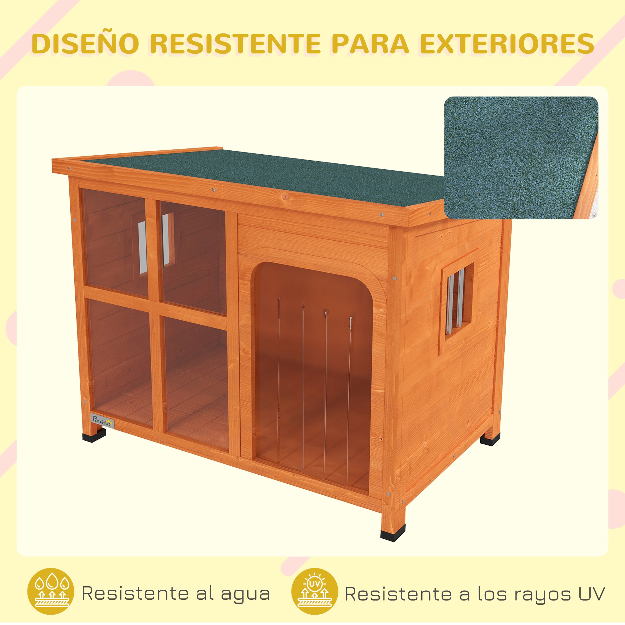 Dog House Outdoor Small and Medium Dog House with Flip Asphalt Roof Curtain Door Transparent Front Panel and Removable Base 90x62x71 cm Natural