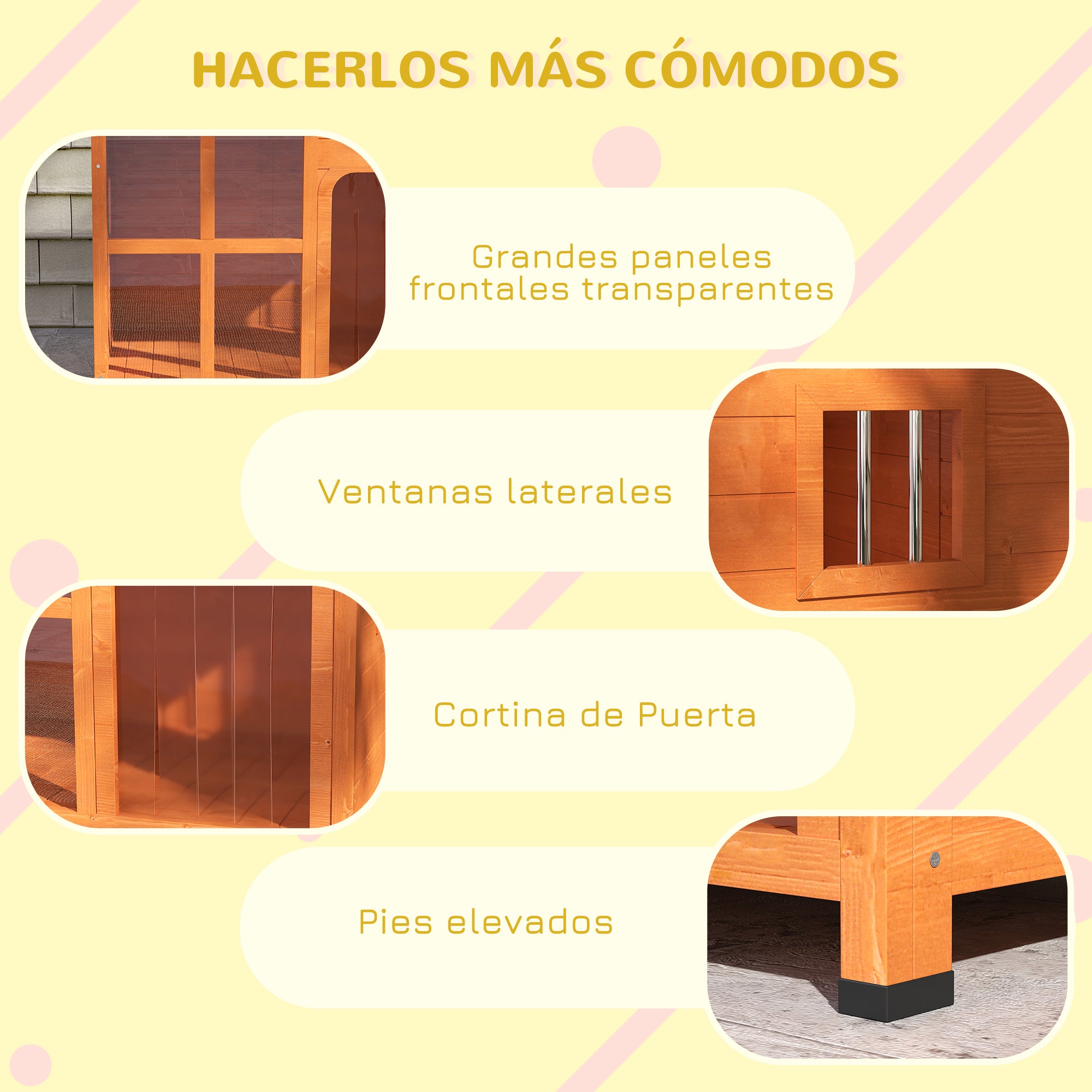 Dog House Outdoor Small and Medium Dog House with Flip Asphalt Roof Curtain Door Transparent Front Panel and Removable Base 90x62x71 cm Natural