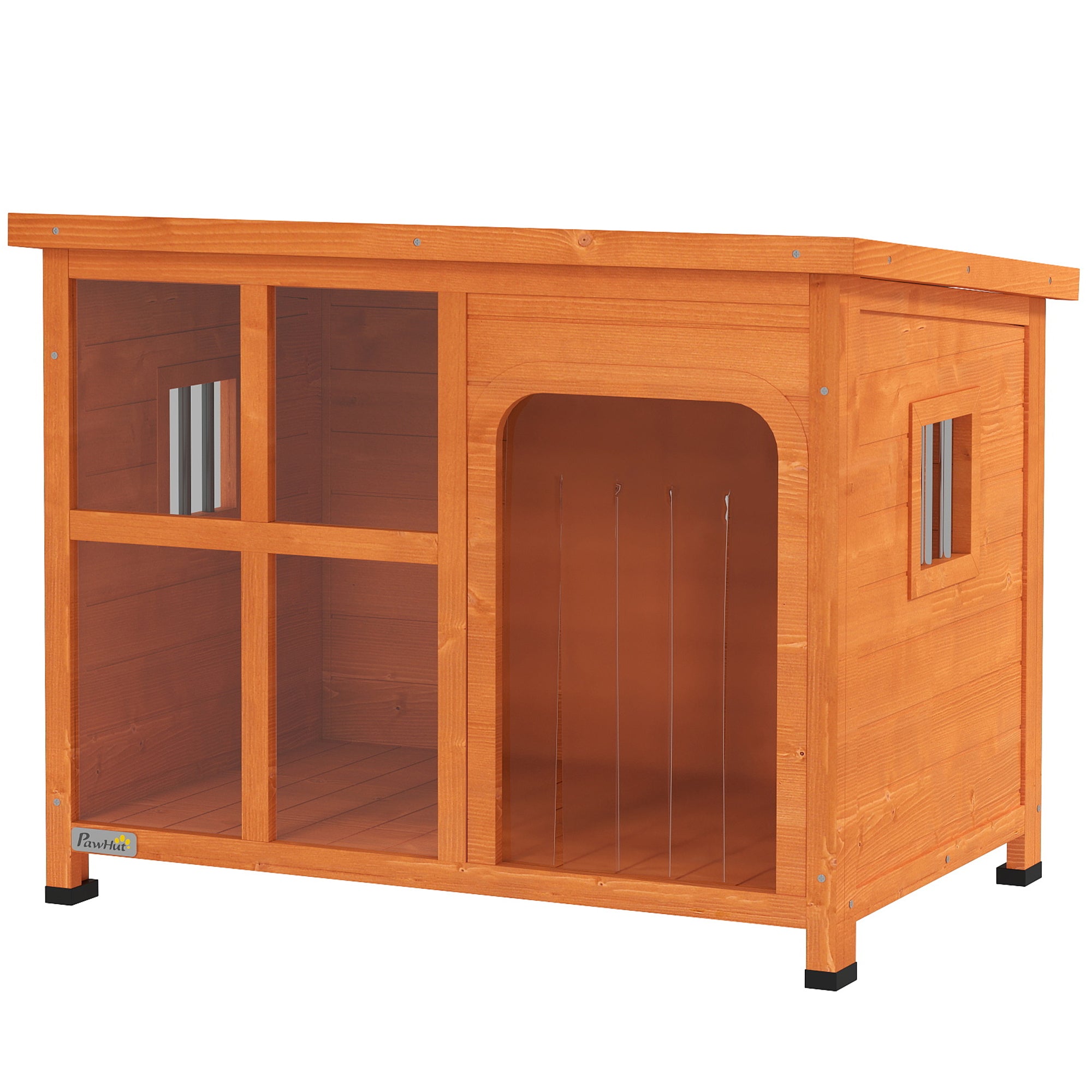 Dog House Outdoor Small and Medium Dog House with Flip Asphalt Roof Curtain Door Transparent Front Panel and Removable Base 90x62x71 cm Natural