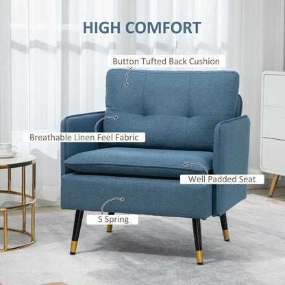 HOMCOM Scandinavische fauteuil met knoopdetails en contrasterende bies in stof 76 x 68 x 80 cm - blauw, zwart en gouden metalen poten