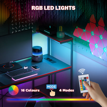 Bureau de Gaming HOMCOM avec Éclairage LED 110x50 cm Bureau de Gaming en Fibre de Carbone avec Prises Électriques, Étagères et Télécommande pour Bureau ou Étude Noir