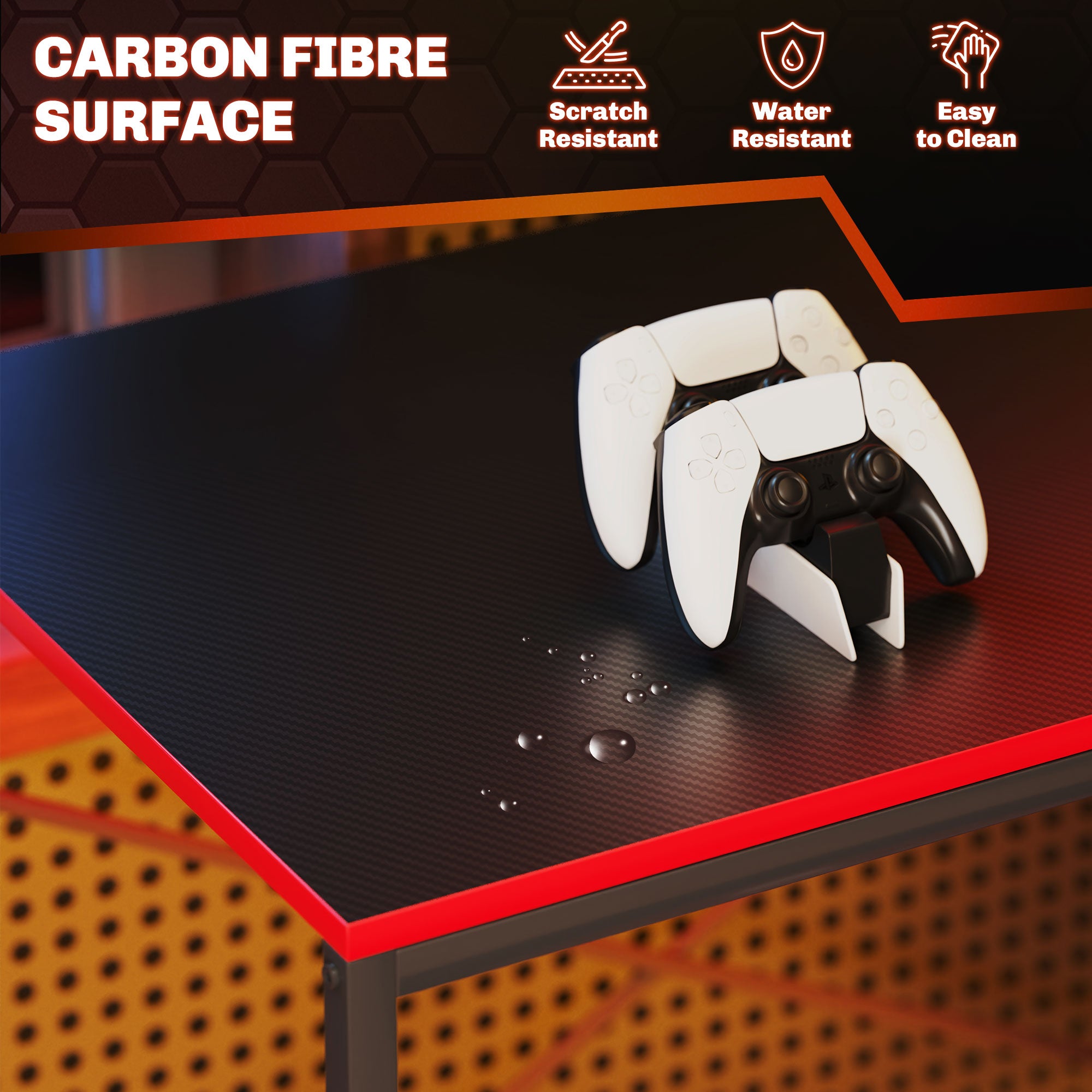 Bureau de Gaming HOMCOM avec Éclairage LED 110x50 cm Bureau de Gaming en Fibre de Carbone avec Prises Électriques, Étagères et Télécommande pour Bureau ou Étude Noir