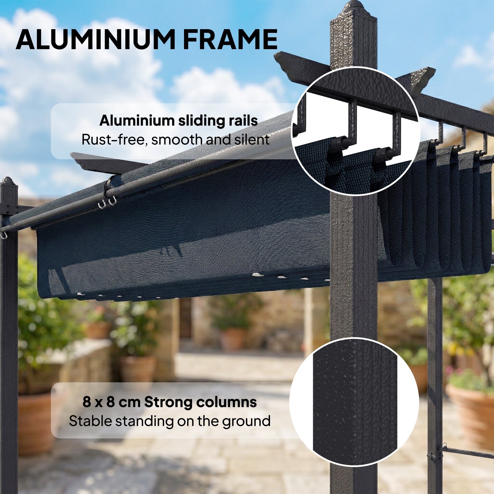 13' x 10' (4 x 3 m) Retractable Garden Pergola with 4 Automatic Roll-Up Curtains, UV50+ Canopy, Aluminum Frame, Integrated Drainage — Dark Gray