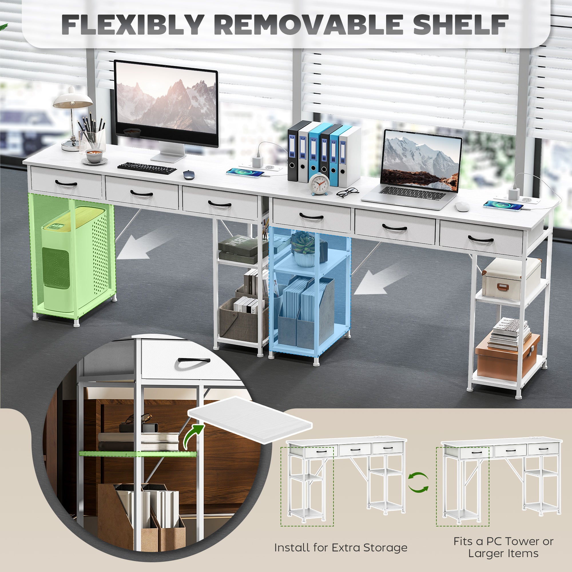 Computer Desk with 2 USB Charging Ports and 2 Power Outlets, Desk with Storage 120 x 40 cm, Adjustable Shelves and 3 Fabric Drawers, Workstation, Steel Frame, White