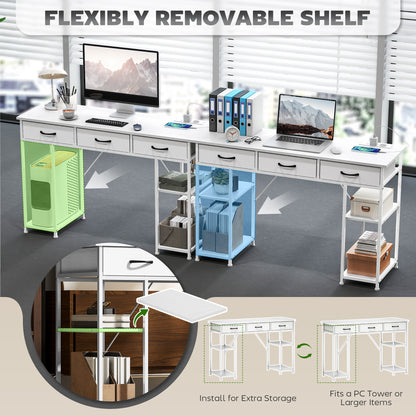 Computer Desk with 2 USB Charging Ports and 2 Power Outlets, Desk with Storage 120 x 40 cm, Adjustable Shelves and 3 Fabric Drawers, Workstation, Steel Frame, White